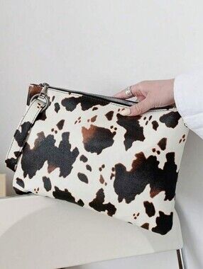 Cowhide-Print Wristlet Clutch in Cream and Brown